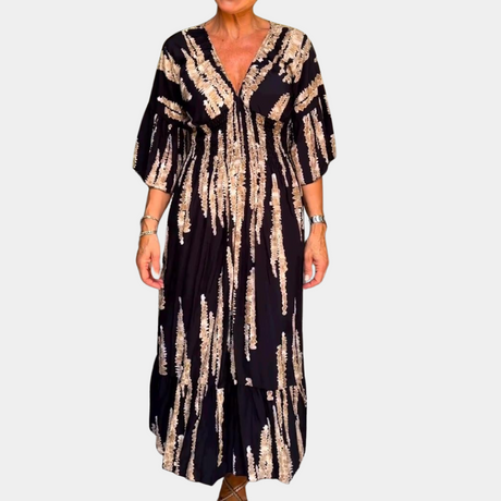 Elegant Midi Dress  Black Cotton with Beige Pattern - Product detail 4