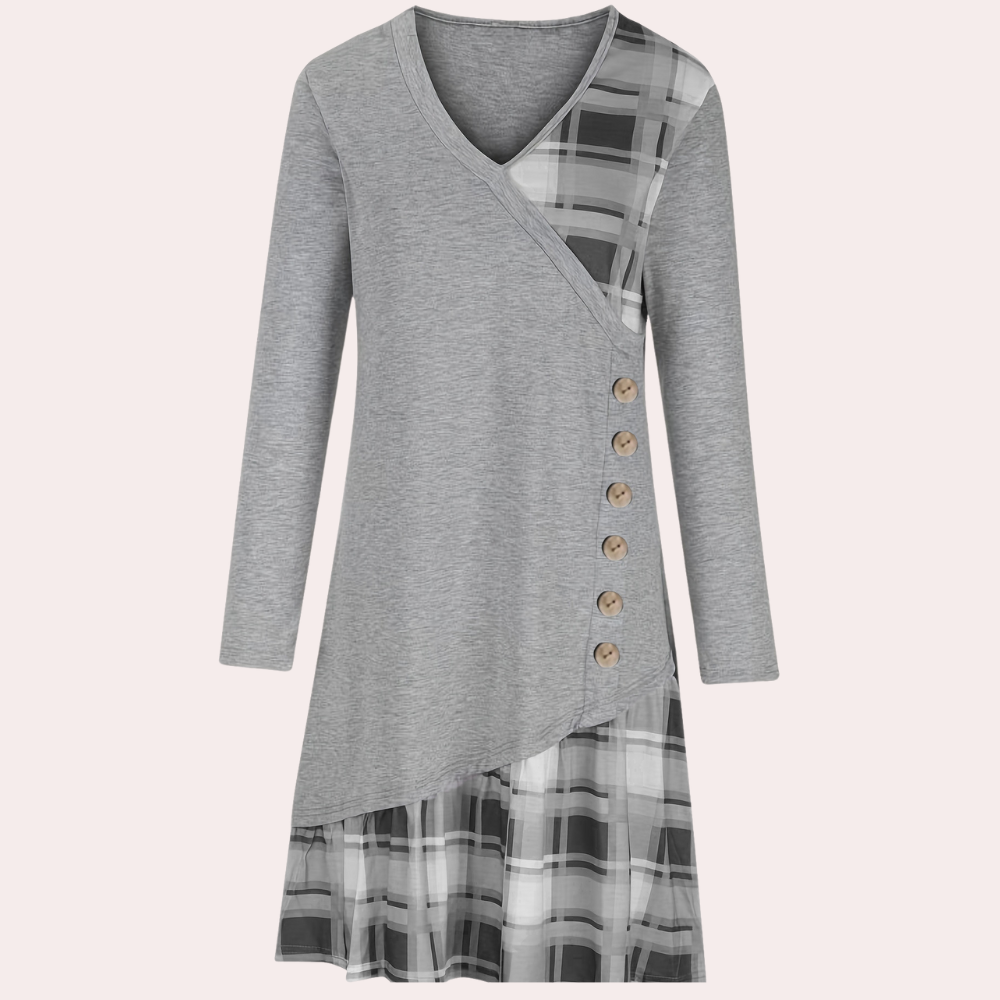 Casual Midi Dress  V-Neck Button Detail With Plaid Trim - Product detail 6