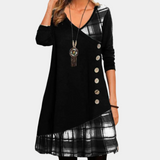 Casual Midi Dress  V-Neck Button Detail With Plaid Trim - Product showcase