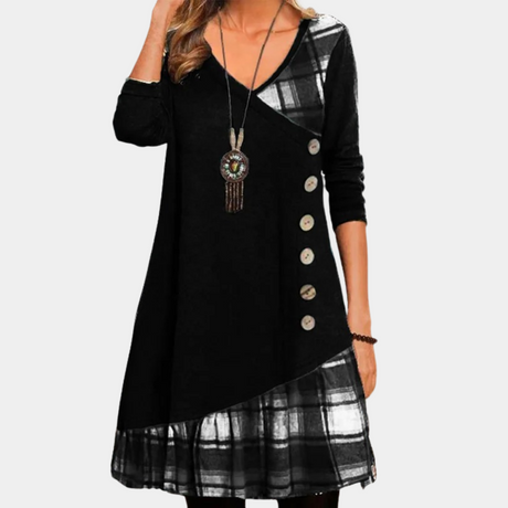 Casual Midi Dress  V-Neck Button Detail With Plaid Trim - Product detail 7