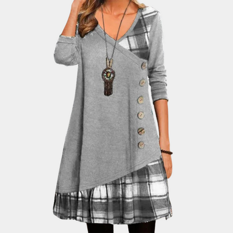 Casual Midi Dress  V-Neck Button Detail With Plaid Trim - Product detail 8