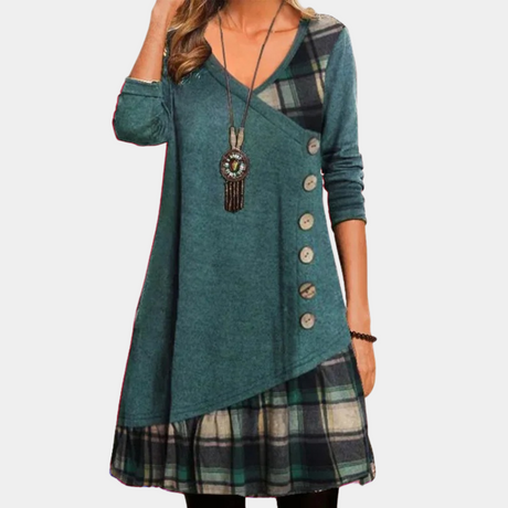 Casual Midi Dress  V-Neck Button Detail With Plaid Trim - Product detail 9