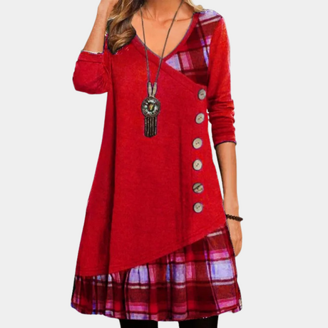 Casual Midi Dress  V-Neck Button Detail With Plaid Trim - Product detail 10