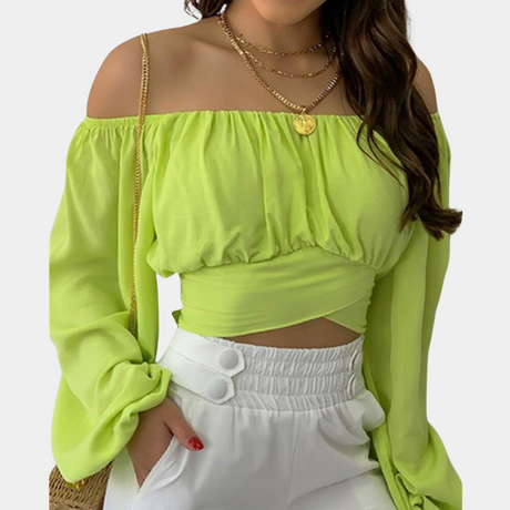 Off Shoulder Crop Blouse  Gathered Cotton Long Sleeve Design - Product detail 6