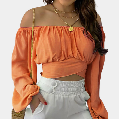 Off Shoulder Crop Blouse  Gathered Cotton Long Sleeve Design - Product detail 7