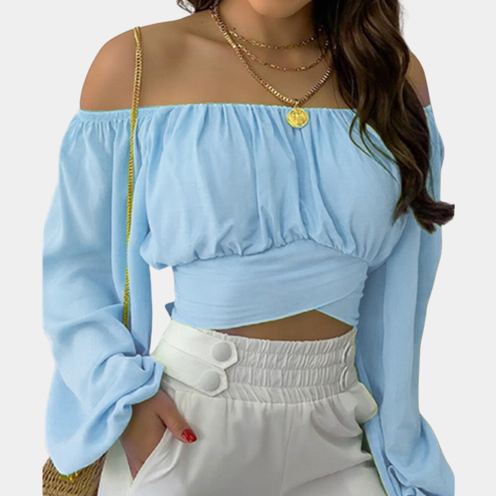 Off Shoulder Crop Blouse  Gathered Cotton Long Sleeve Design - Product detail 8