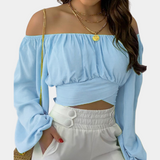 Off Shoulder Crop Blouse  Gathered Cotton Long Sleeve Design - Product detail 8