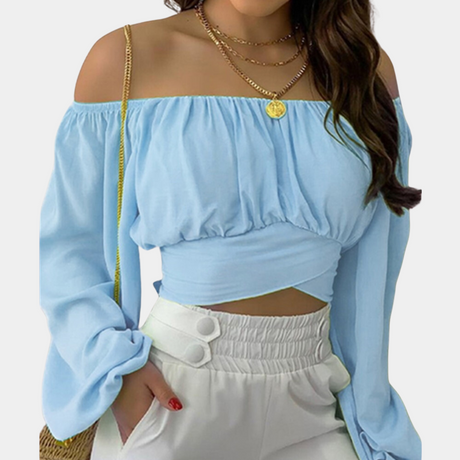Off Shoulder Crop Blouse  Gathered Cotton Long Sleeve Design - Product detail 8