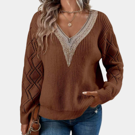 Knit V-Neck Sweater  Ribbed Pattern with Lace Sleeves - Product detail 9