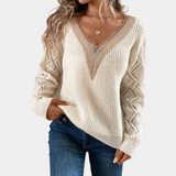 Knit V-Neck Sweater  Ribbed Pattern with Lace Sleeves - Product detail 7