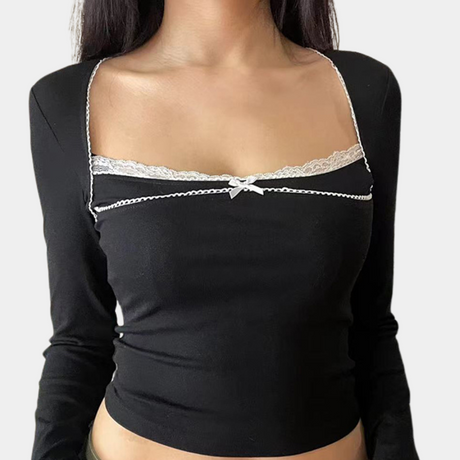 Cotton Long Sleeve Top  Lace Trim Square Neck Design - Product detail 7