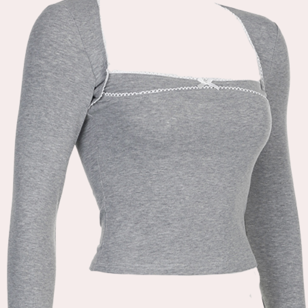 Cotton Long Sleeve Top  Lace Trim Square Neck Design - Product example
