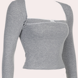 Cotton Long Sleeve Top  Lace Trim Square Neck Design - Product example