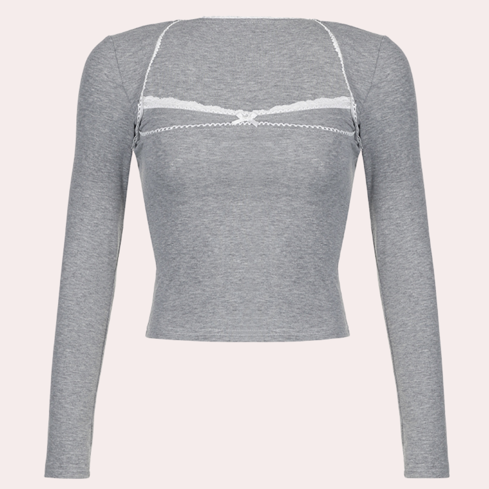 Cotton Long Sleeve Top  Lace Trim Square Neck Design - Detailed view