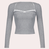 Cotton Long Sleeve Top  Lace Trim Square Neck Design - Detailed view