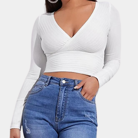 Cotton V-Neck Crop Top  Long Sleeve Wrap Design - Product showcase