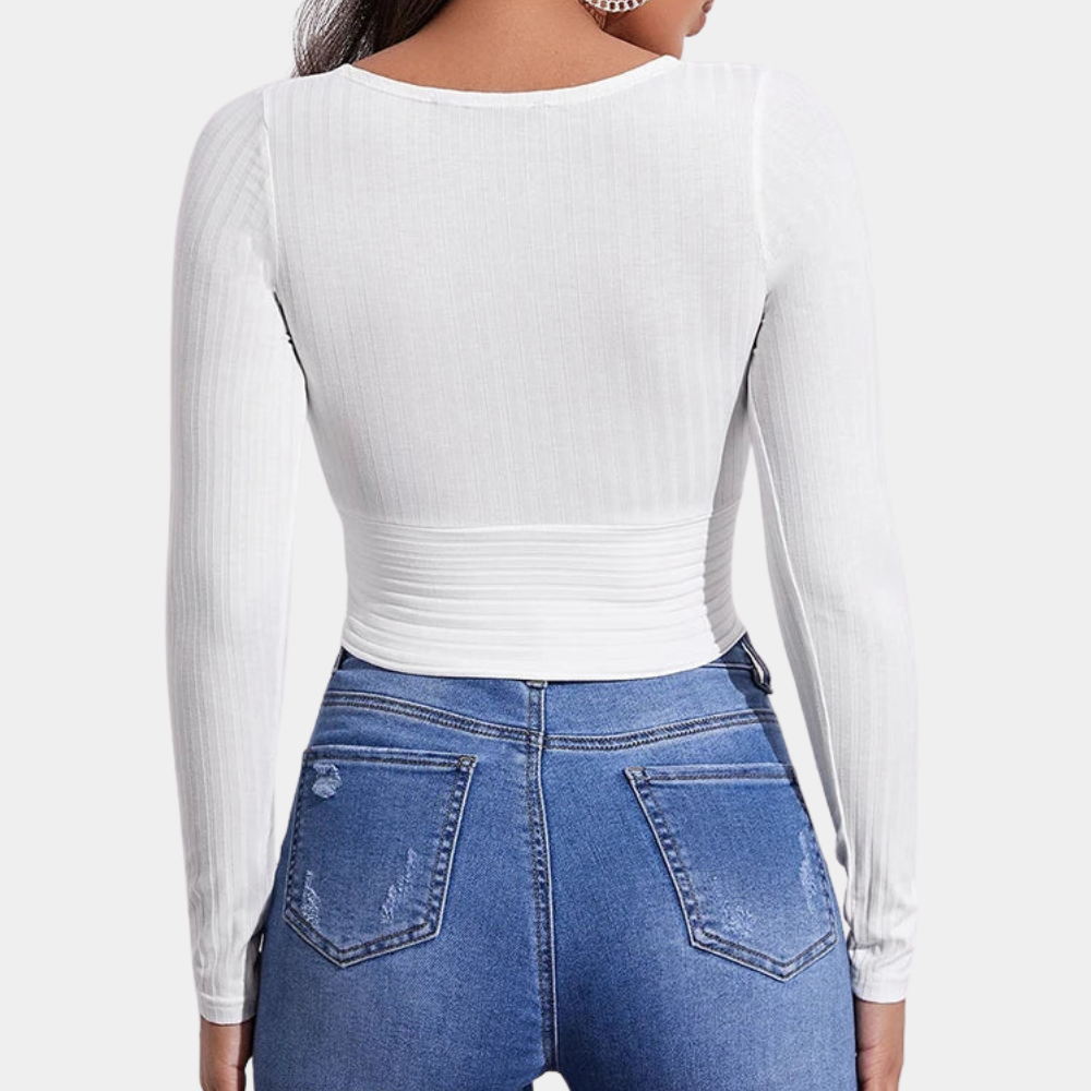Cotton V-Neck Crop Top  Long Sleeve Wrap Design - Detailed view
