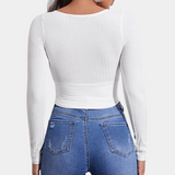 Cotton V-Neck Crop Top  Long Sleeve Wrap Design - Detailed view