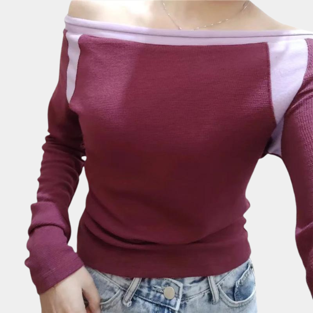 Womens Off-Shoulder Top  Purple Ribbed Design with Contrast Trim - Product detail 4