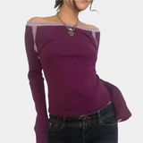 Womens Off-Shoulder Top  Purple Ribbed Design with Contrast Trim - Product detail 5