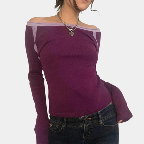 Womens Off-Shoulder Top  Purple Ribbed Design with Contrast Trim - Product detail 5