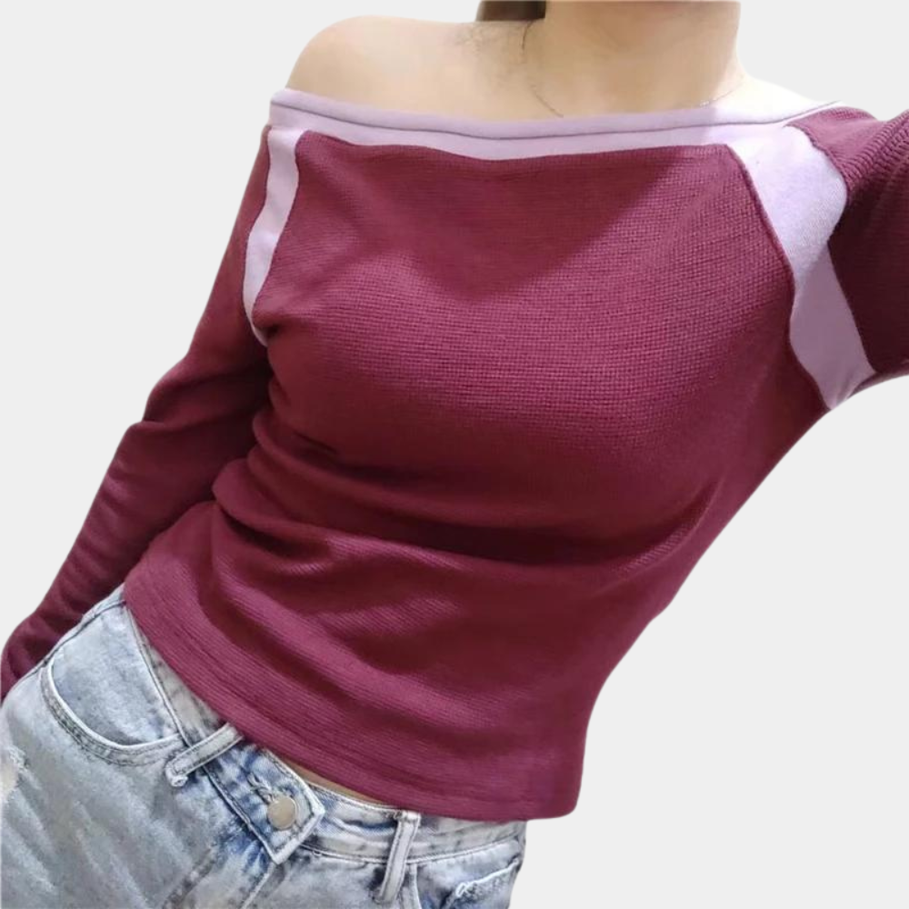 Womens Off-Shoulder Top  Purple Ribbed Design with Contrast Trim - Detailed view