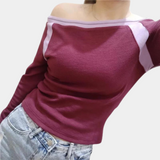 Womens Off-Shoulder Top  Purple Ribbed Design with Contrast Trim - Detailed view
