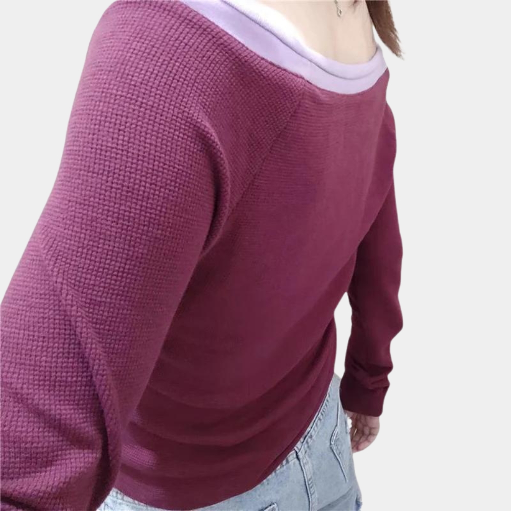 Womens Off-Shoulder Top  Purple Ribbed Design with Contrast Trim - Product example