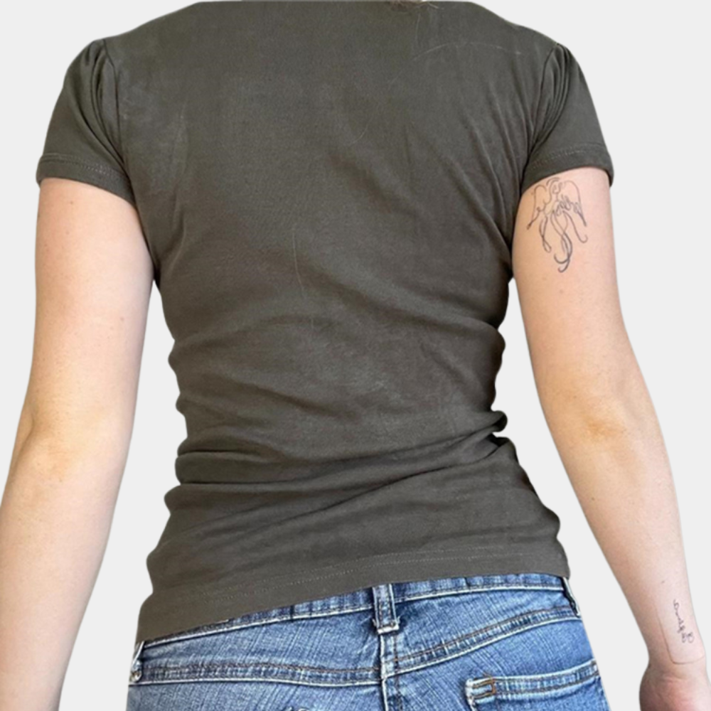 Womens Ribbed Henley Top  Short Sleeve Button Front Design - Detailed view