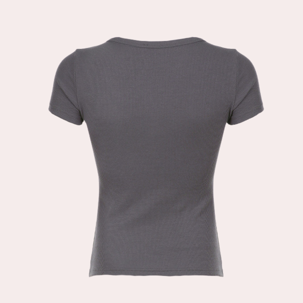 Womens Ribbed Henley Top  Short Sleeve Button Front Design - Product detail 4
