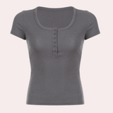 Womens Ribbed Henley Top  Short Sleeve Button Front Design - Product example