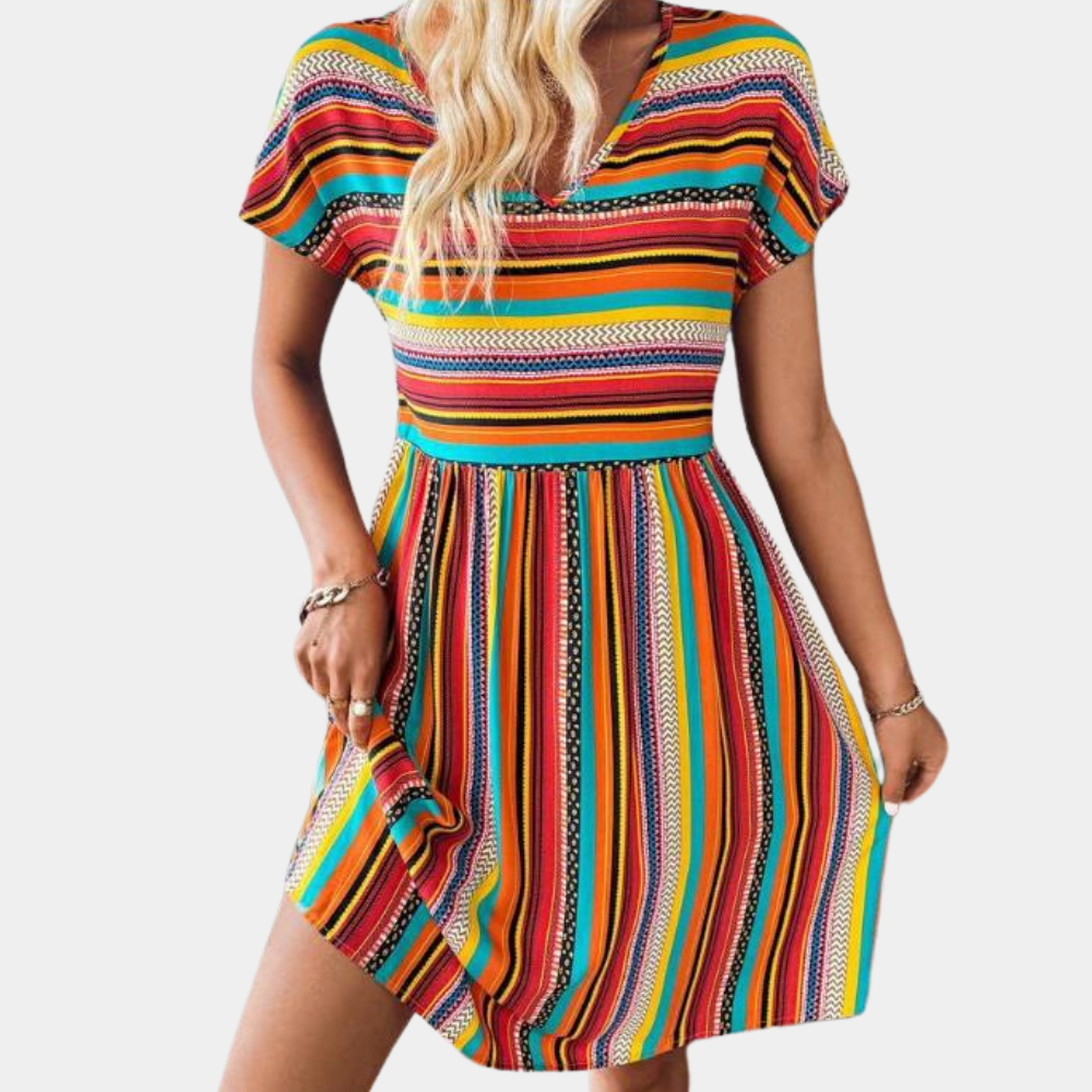 Bohemian Summer Dress  Multi-Stripe Cotton V-Neck Design - Product detail 8