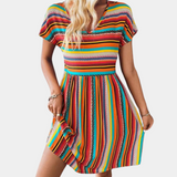 Bohemian Summer Dress  Multi-Stripe Cotton V-Neck Design - Product detail 8