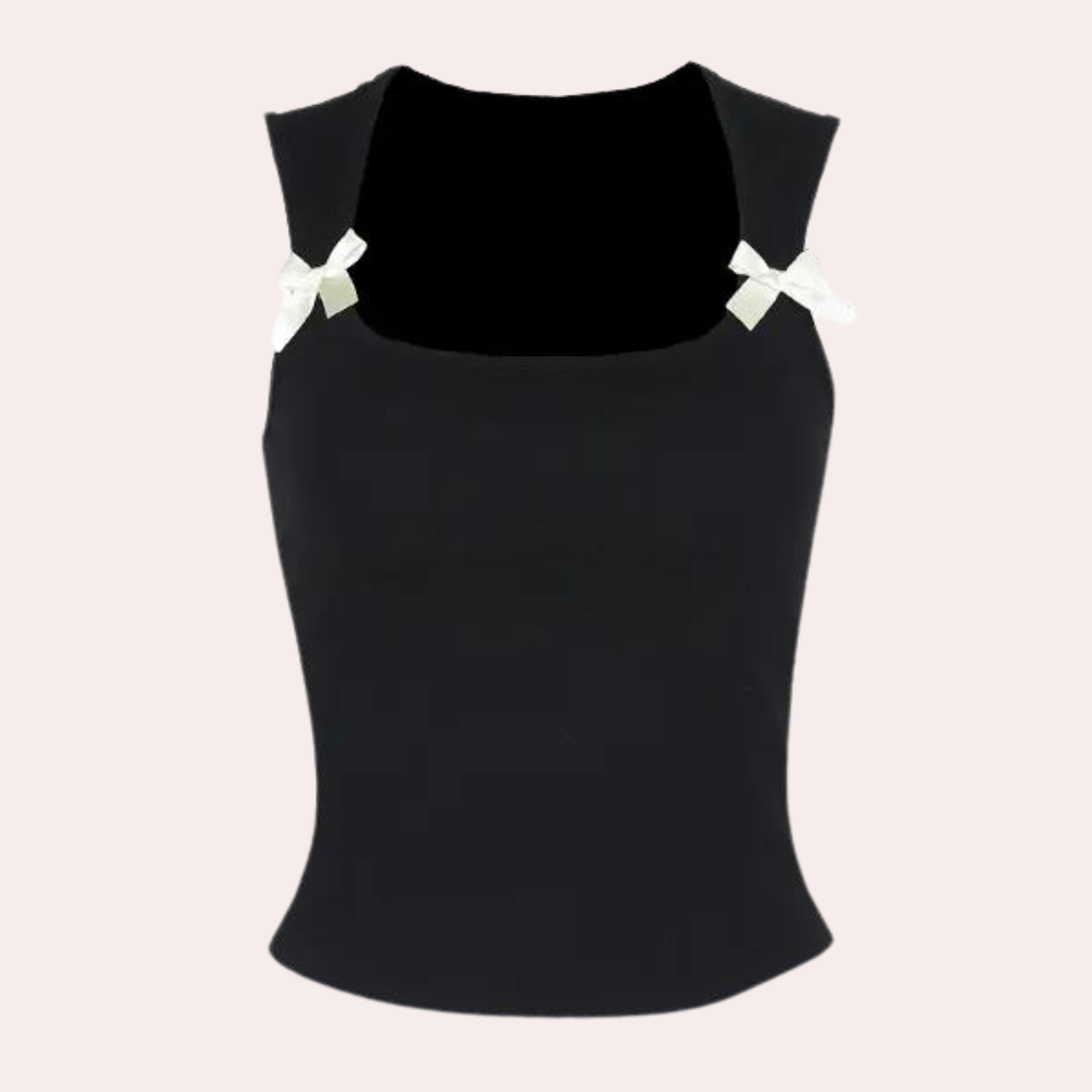 Bow Detail Crop Top  Square Neck Black Cotton Blend - Product detail 5