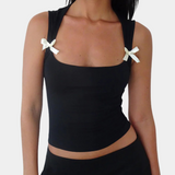 Bow Detail Crop Top  Square Neck Black Cotton Blend - Product detail 7