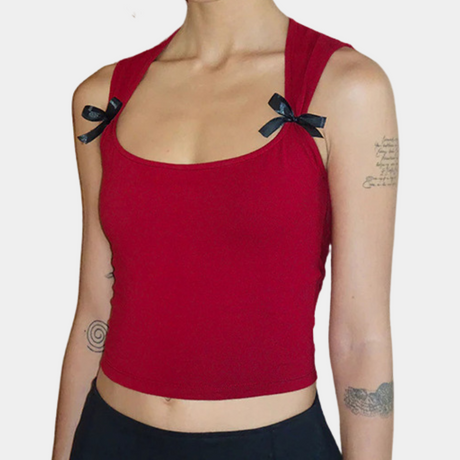 Bow Detail Crop Top  Square Neck Black Cotton Blend - Product detail 8