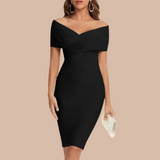 Classic Off-Shoulder Cocktail Dress  V-Neck Bodycon Design - Product showcase