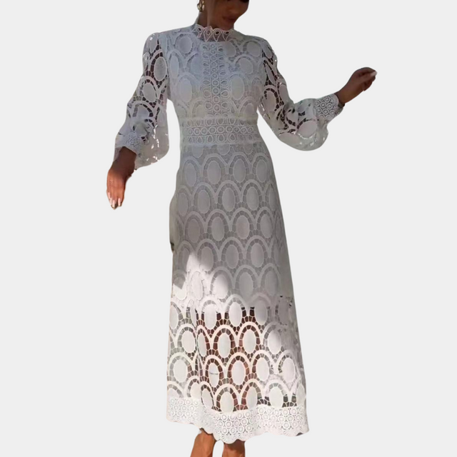 Vintage Lace Midi Dress  Scalloped Pattern With Bishop Sleeves - Product showcase