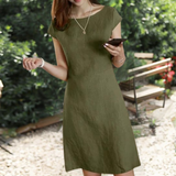 Cotton Linen A-Line Dress  Classic Round Neck Summer Style - Product detail 8