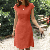Cotton Linen A-Line Dress  Classic Round Neck Summer Style - Product detail 7