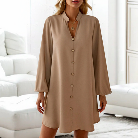Elegant Button-Down Dress  Flowy Camel Cotton V-Neck - Product showcase