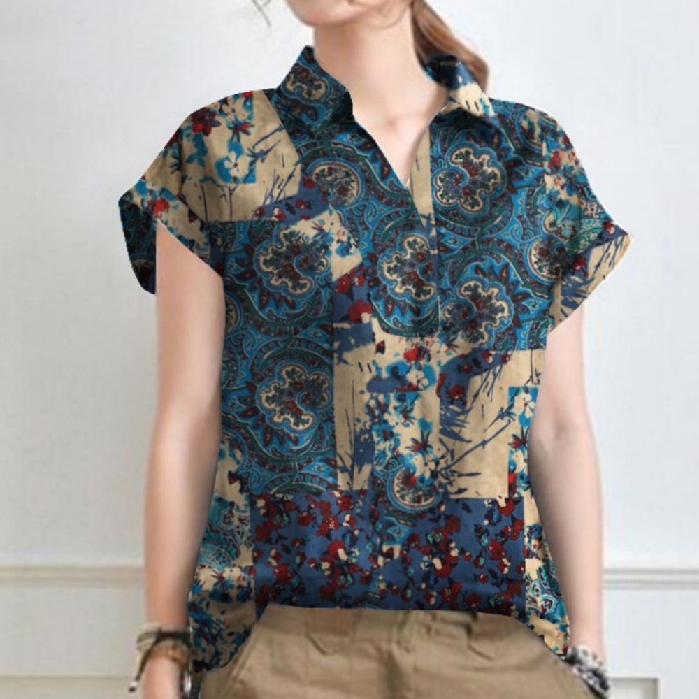 Bohemian Floral Blouse  Blue Paisley Cotton Pattern - Product showcase