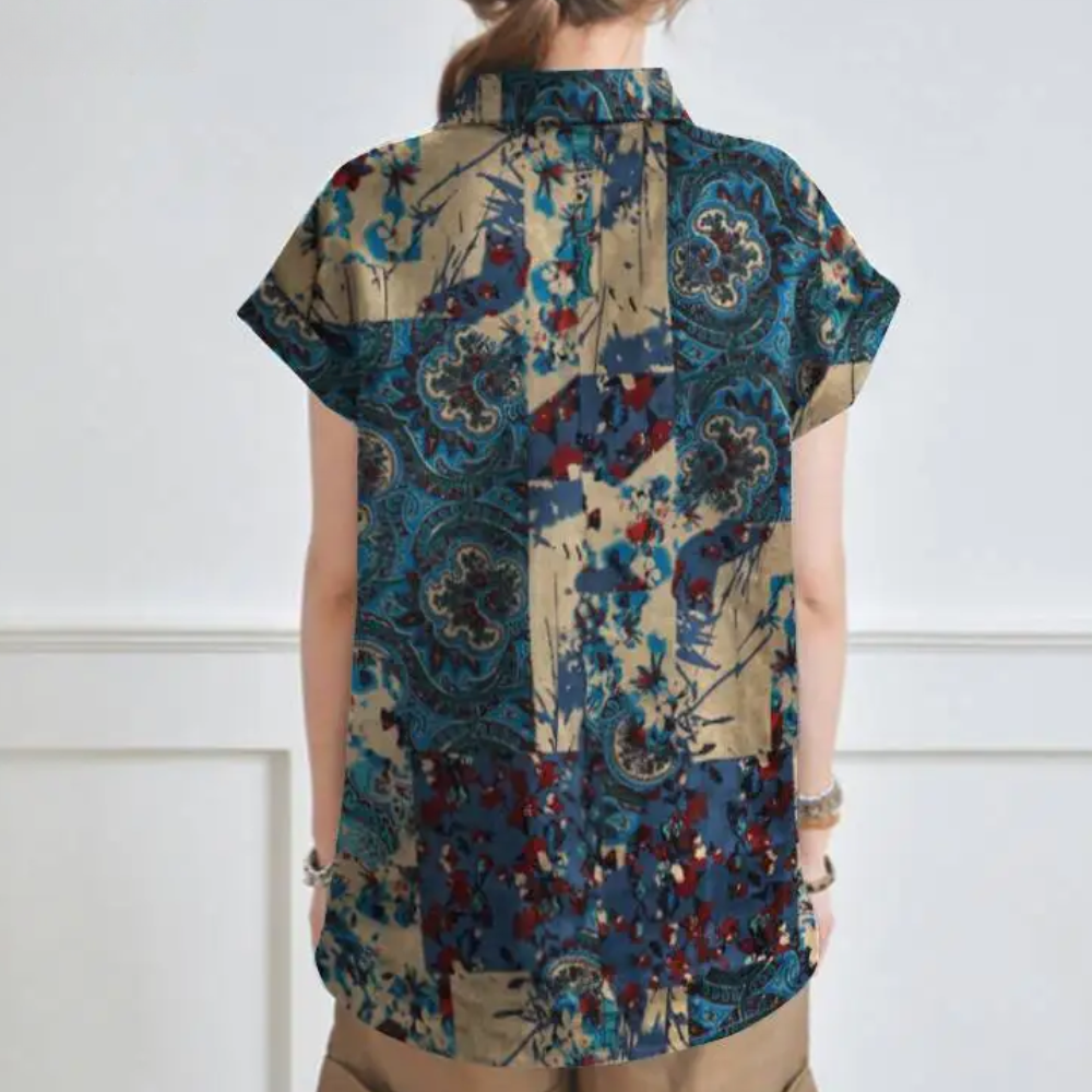 Bohemian Floral Blouse  Blue Paisley Cotton Pattern - Detailed view