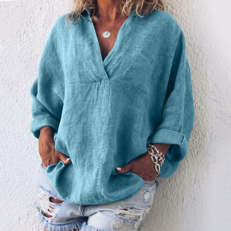 Linen V-Neck Blouse  Relaxed Fit Oversized Design - Product detail 8