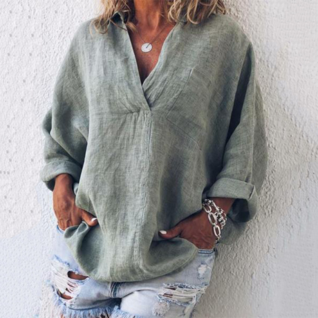 Linen V-Neck Blouse  Relaxed Fit Oversized Design - Product detail 9