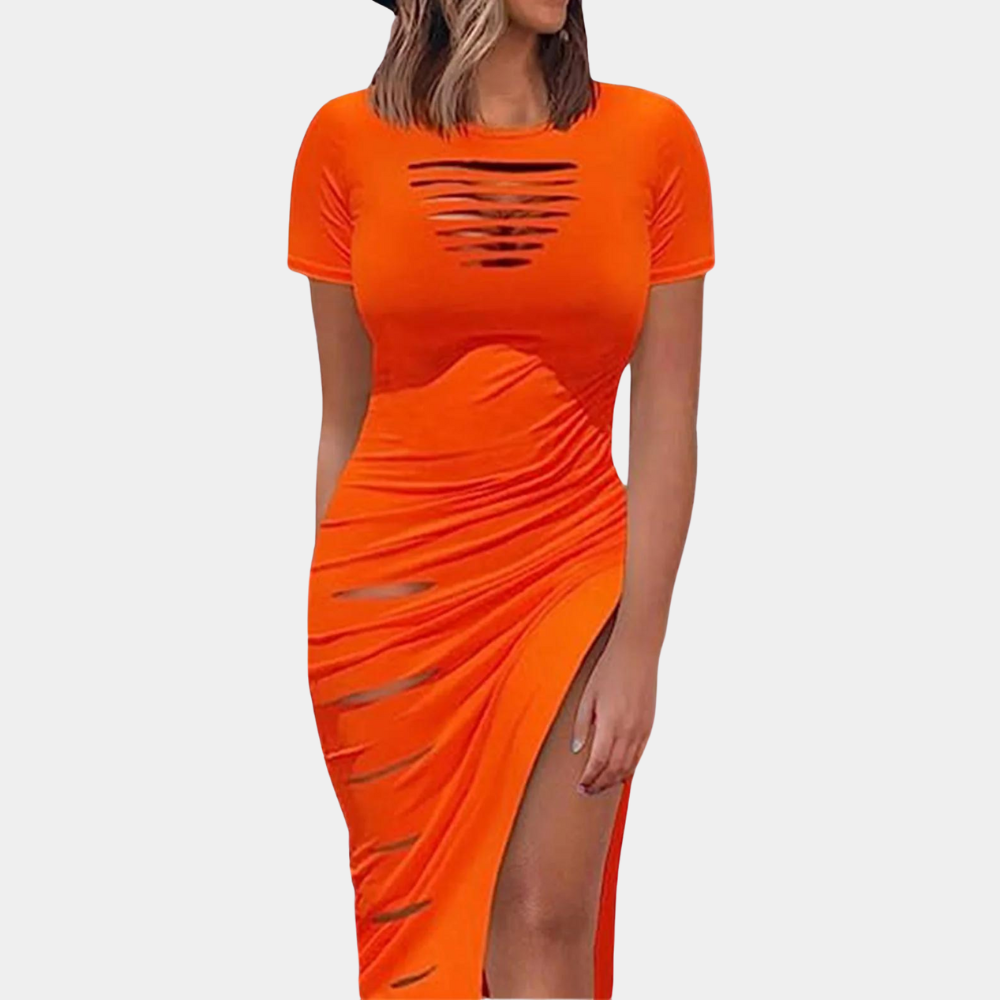 Distressed Bodycon Dress | Ruched Side Slit Design LaCasaDellaFibra Distressed Bodycon Dress | Ruched Side Slit Design LaCasaDellaFibra