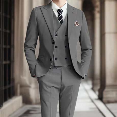 Classic Three-Piece Suit  Grey Cotton Slim-Fit Design - Product showcase