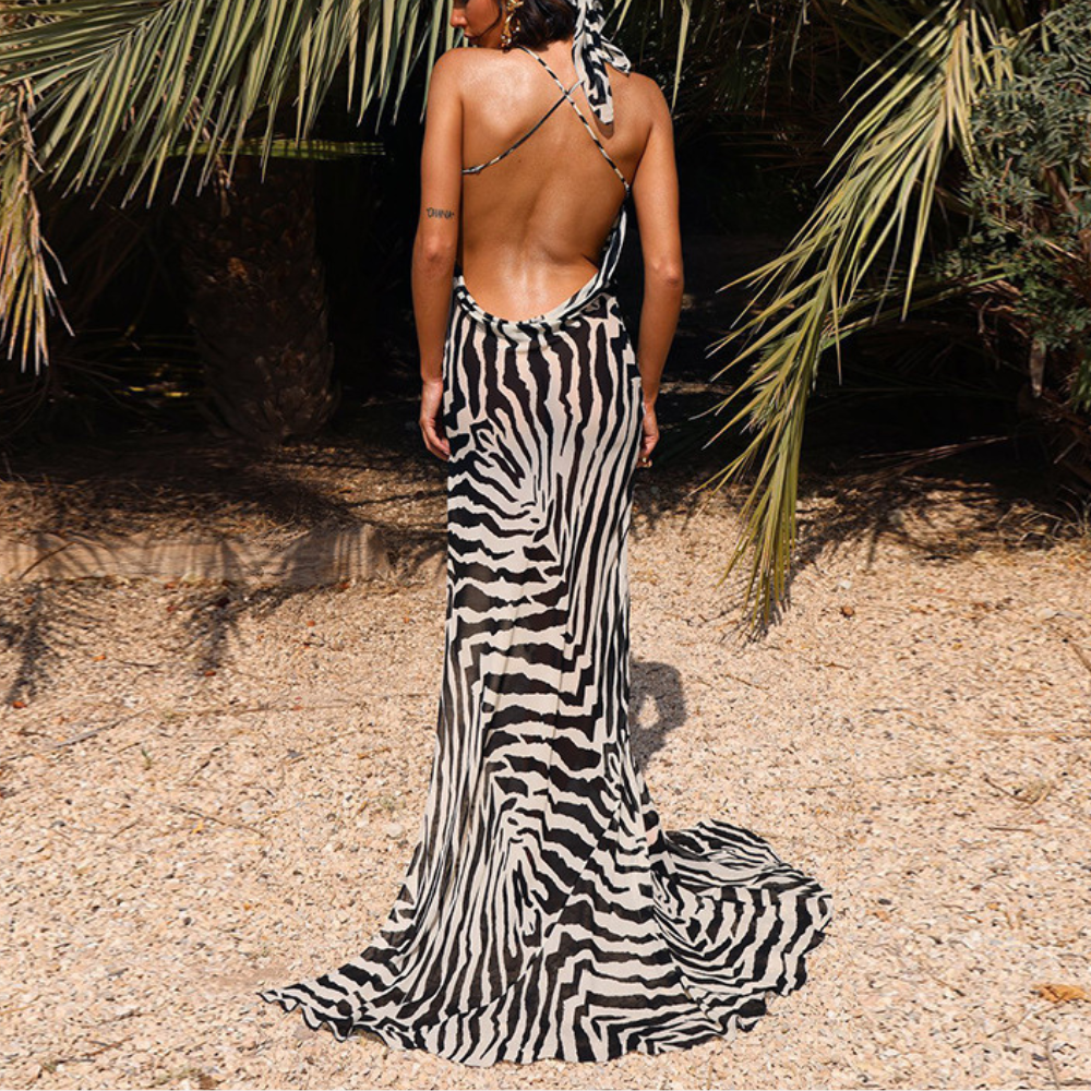 Zebra Print Maxi Dress  Backless Evening Gown - Detailed view