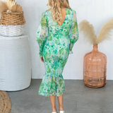 Floral Midi Dress  Smocked Waist Green Botanical Print - Product example