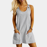 Striped Cotton Mini Dress  Green White Summer Design - Detailed view